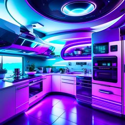 alien spaceship kitchen with futuristic appliances and holographic countertops. 