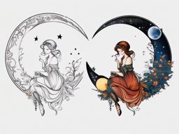 fairy sitting on moon tattoo  simple color tattoo style,white background