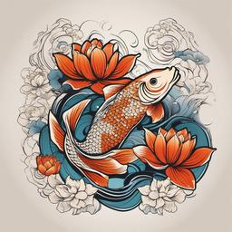 Koi Lotus Flower Tattoo-Intricate and symbolic tattoo featuring Koi fish and lotus flowers, symbolizing perseverance and purity.  simple color vector tattoo