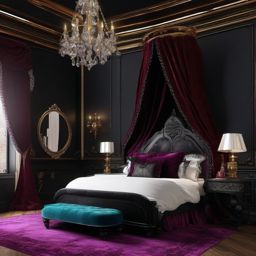 Gothic Victorian Opulent Retreat - Add a touch of gothic and Victorian opulence to your bedroom. , bedroom interior decor design ideas, multicoloured, photo realistic, hyper detail, high resolution,