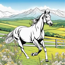 horse coloring pages - horses gallop through a picturesque valley in the countryside. 