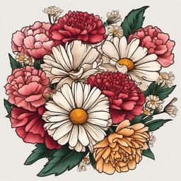 Daisy and Carnation Tattoo-Combination of the charm of daisies with the elegance of carnations in a floral tattoo, expressing love and positivity.  simple vector color tattoo