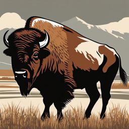 American Bison Clip Art - American bison on the prairie,  color vector clipart, minimal style