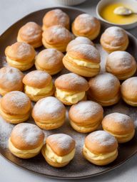 a platter of dainty cream puffs, filled with a delicate pastry cream and dusted with powdered sugar. 