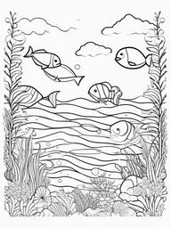 Kawaii Underwater Coloring Pages - Happy Sea Creatures Swimming Around  minimal black outline printable sheet, coloring page