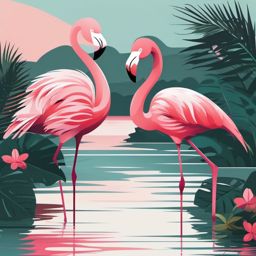 Flamingo Clipart - Flamingo standing in a serene tropical lagoon , minimal, 2d