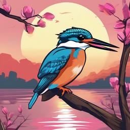 A cute kingfisher with a pink beak on a branch holding a fish on a sunset 
  , vector illustration, clipart