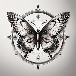 butterfly compass tattoo  simple color tattoo, minimal, white background