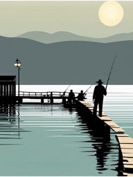 Pier Fishing clipart - People fishing off a wooden pier., ,vector color clipart,minimal