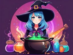 Kawaii witch, with a cauldron of colorful potions, brewing spells and concocting magical brews.  front facing ,centered portrait shot, cute anime color style, pfp, full face visible