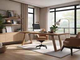 The home office exemplifies Japandi interior design, featuring a clean workspace, natural light, and functional furnishings that foster productivity in a peaceful environment.  