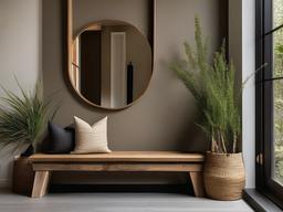 In the entryway, Wabi Sabi interior design showcases a handmade bench, earthy textures, and natural elements that provide a warm and welcoming entrance for guests.  