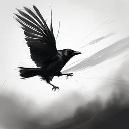 drawing of a crow in flight  minimal rough sketch scribbles,doodles,black and white