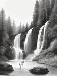 drawing of a unicorn standing by a waterfall  minimal rough sketch scribbles,doodles,black and white