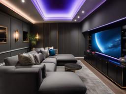 A media room designed with cosmic chic interior design features plush seating, ambient lighting, and celestial wall art that enhance the cinematic experience.  