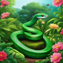 Snake Clipart in a Garden,Mysterious snake slithering through a lush garden, a symbol of transformation and healing. 