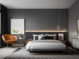 Urban chic bedroom featuring a custom West Elm platform bed, FLOS lighting, and Benjamin Moore grey concrete-effect walls.  