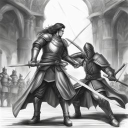 human fighter,elowen brightblade,dueling a master swordsman,a grand tournament arena pencil style