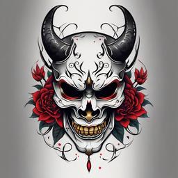 hannya mask and skull tattoo  simple color tattoo,white background,minimal