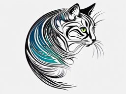 Fluidity in feline movement with abstract cat waves tattoo: A dynamic masterpiece.  color outline tattoo, white background