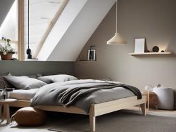 Scandinavian-style bedroom with IKEA birchwood bed frame, cozy HAY wool throws, and Muuto pendant lights.  