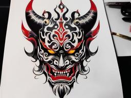 kabuki demon tattoo  simple color tattoo,white background,minimal