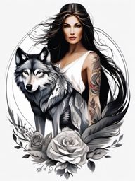 Wolf and Woman Tattoo,poetic dance of a woman and a wolf in ink, fusion of elegance and untamed spirit. , color tattoo design, white clean background