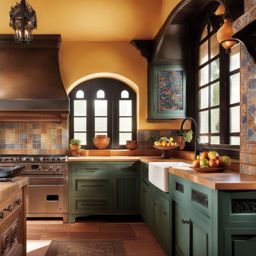 mediterranean kitchen with colorful tiles and wrought-iron details. 