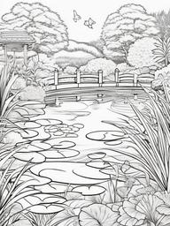 Summer Coloring Pages - Tranquil garden pond with koi fish swimming around  simple coloring pages