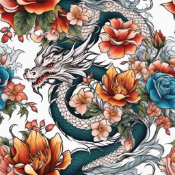 Dragon and flower tattoo, Creative tattoos combining the elegance of dragons with the grace of flowers.  color, tattoo style pattern, clean white background