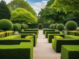 Traditional English garden with manicured hedges and stone paths.  