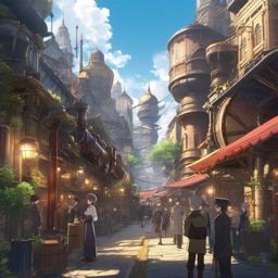 Steam-powered city with inventive contraptions. anime, wallpaper, background, anime key visual, japanese manga
