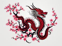 Cherry Blossom Japanese Dragon Tattoo - Mythical and powerful, combining Japanese dragon motifs with cherry blossoms.  simple color tattoo,white background,minimal