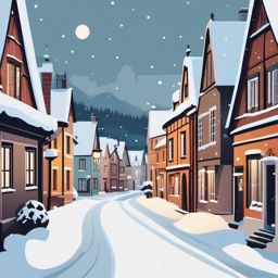 Snowy Village Street clipart - Quaint village street covered in snow, ,vector color clipart,minimal