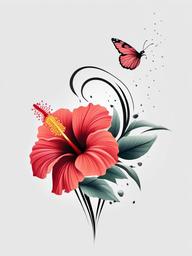 hibiscus flower with butterfly tattoo  simple color tattoo, minimal, white background