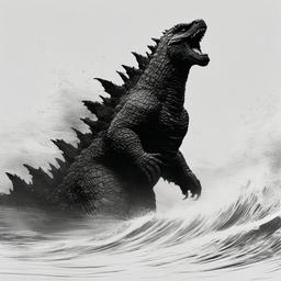 drawing of Godzilla emerging from the ocean  minimal rough sketch scribbles,doodles,black and white