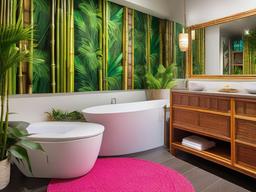 Tropical bathroom includes bamboo accents, bright colors, and palm leaf decor that brings a refreshing feel reminiscent of a resort.  