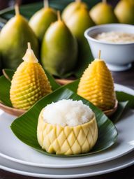 durian and coconut sticky rice, a unique thai dessert, devoured at a floating market in bangkok. 