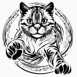 Dynamic cat paw in motion: A lively representation of the feline dance.  black white tattoo, white background