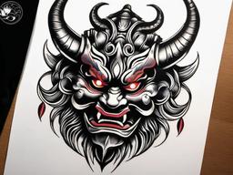 japanese oni mask tattoo designs  simple color tattoo,white background,minimal