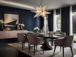 The dining room embodies cosmic chic interior design with a sleek table that reflects light, celestial-themed artwork on the walls, and star-shaped pendant lights that add a touch of whimsy.  