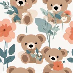 Teddy Bear clipart - teddy bear holding a flower bouquet  color,minimalist,vector clipart