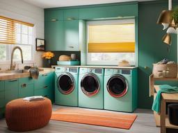 Mid-century modern laundry room features retro-inspired appliances, simple lines, and vibrant colors that add character without overwhelming the space.  