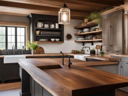 rustic kitchen with reclaimed wood countertops and a farmhouse sink. 