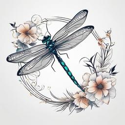 Floral Dragonfly Tattoo - Tattoo combining dragonfly motifs with floral elements.  simple color tattoo,minimalist,white background