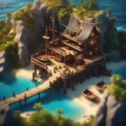 Pirate Hideout in a hidden cove with dock and a pirate ship epic tilt-shifted highly fortified pirate Hideout and boats, isometric blueprint cutaway view illustration 16k intricate pirate core bar design  intricate xray cutaway illustration | UHD | amazing depth, bokeh most complex scene ever imagined | mind-boggling detail 