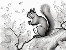 drawing of a squirrel with autumn leaves  minimal rough sketch scribbles,doodles,black and white