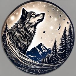 Howling Wolf Tattoo,call of the wild, howling wolf under the starry night, etched in eternal ink. , color tattoo design, white clean background