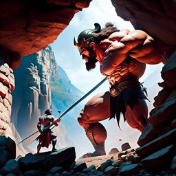 achilles vs the cyclops - a formidable greek warrior confronts the colossal cyclops in a rocky canyon, aiming his spear for the eye. 