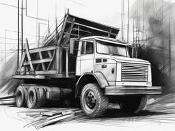 drawing of a truck at a construction site  minimal rough sketch scribbles,doodles,black and white